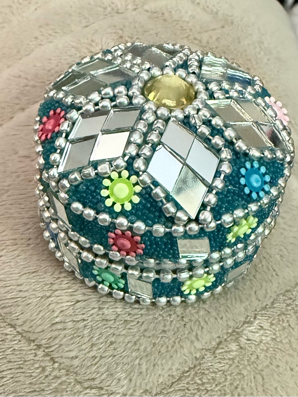 Trinket Kumkum decorated beaded Box mirrored glass Teal and Silver #20